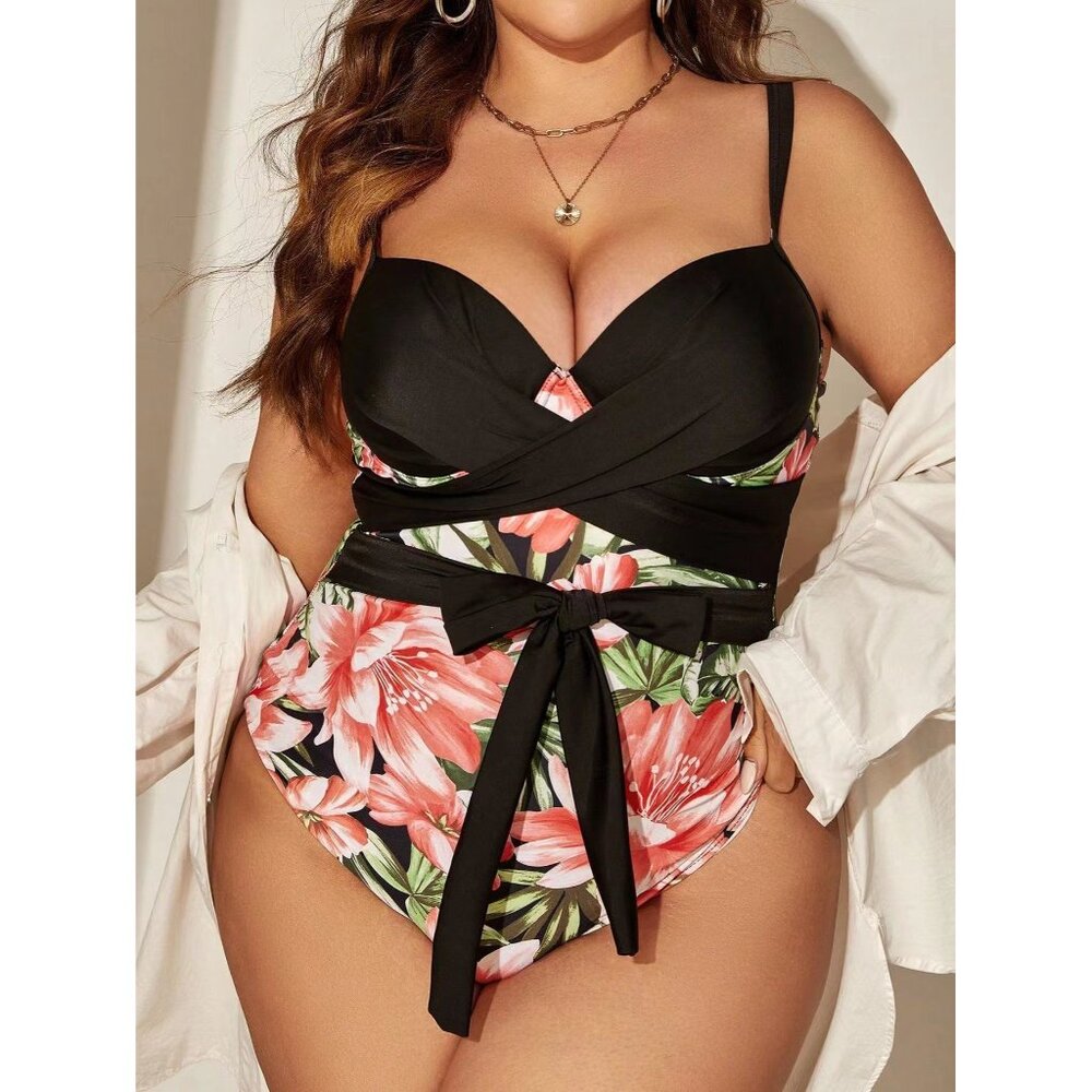 NEW 5XL Vibrant Plus Size Tropical Print Summer Vacay Trendy One Piece Swimsuit